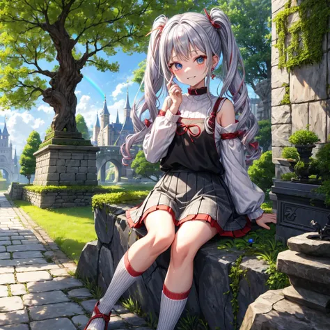 Rainbow red and silver hair、Rainbow Eyes、Wavy Hair、Hair tied up、Two cute、Checked mini skirt、Black T-shirt、Long sleeve、Food、Black knee-high socks、Teeth are visible、Monster Castle、Tilting face、lawn、In front of the city gates、The stone is cracked、Uneven groun...