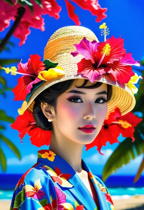 
"Generate an image of a person wearing a traditional Okinawan *hanagasa* (flower hat). The hat should have vibrant flowers on top, resembling the colors of hibiscus and bougainvillea. The person should wear a traditional Okinawan outfit, standing against ...