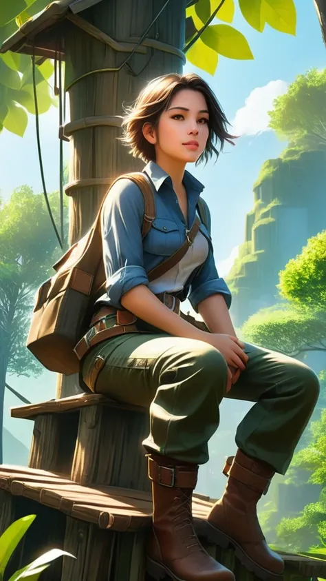 a character, sitting, a wooden platform, uma floresta densa, adventurous appearance, wearing leather boots, cargo pants, a casua...