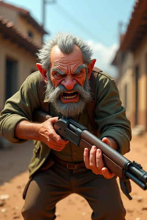 Angry grandfather with gun from the village... 3d pixar style