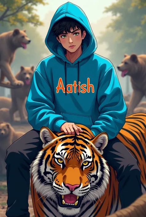 A anime teenager  real texture who wear neon blue hoddy and Aatish is written in stylish cool letters on his hoody  Age 15 and the boy in  zoo and he is sitting on a tiger . In the background there are many danger animals
. The boy is very stylish