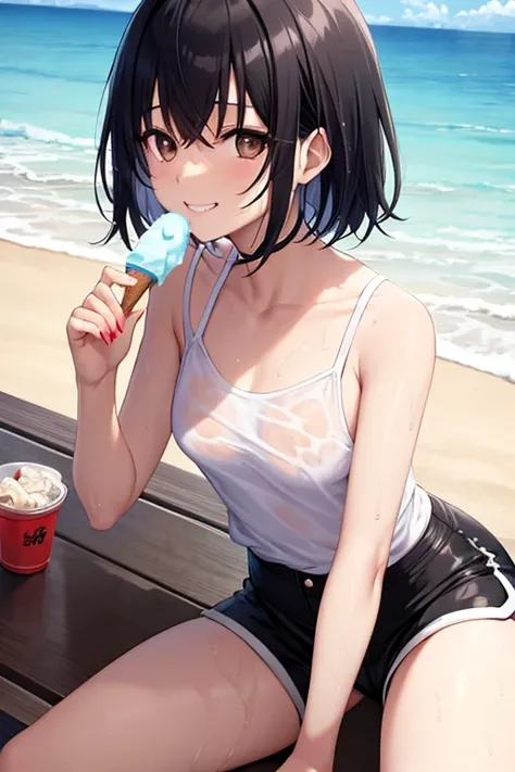 Ryunosuke Akutagawa 1, high, female with very short hair, black as night, with some white streaks, bright brown eyes, She has small breasts and wears a white shirt and black shorts... Her clothes are wet, smiling, eating ice cream with the beach in the bac...