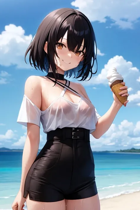 Ryunosuke Akutagawa 1, high, female with very short hair, black as night, with some white streaks, bright brown eyes, She has small breasts and wears a white shirt and black shorts... Her clothes are wet, smiling, eating ice cream with the beach in the bac...