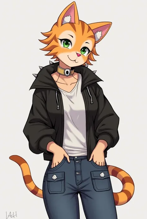 ((/Loree/, Jaeh, anthropomorphic domestic cat, orange body fur, orange body stripes, orange undercut pixie, green eyes with pupils, pink nose, short hair, jean pants, black jacket, spikey collar, white shirt under jacket, gothic make up, skull earings, pie...