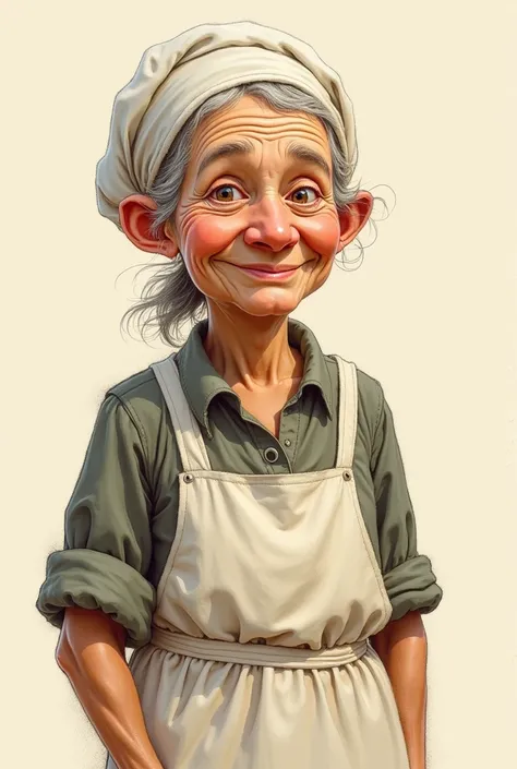 like hand-painted, old style, sketch. Please paint an old friendly woman as a cook.