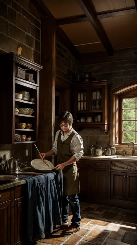 Harry Potter washing plates in his home household. Realistic, old home, HDR