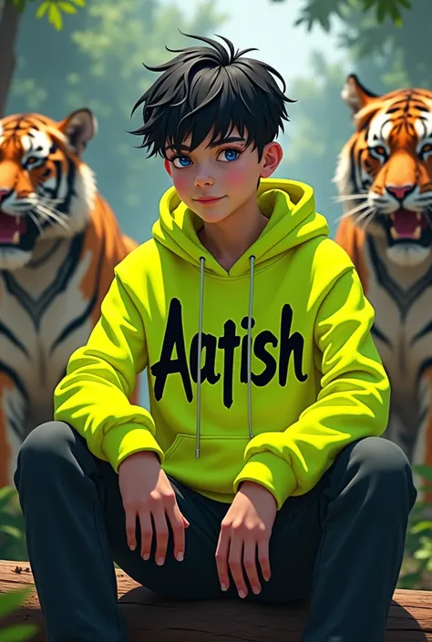 A anime teenager  real texture who wear neon  yellow hoddy and Aatish is written in stylish cool letters on his hoody  Age 15 and the boy in  zoo and he is sitting on a tiger . In the background there are many danger animals
. The boy is very stylish. Best...