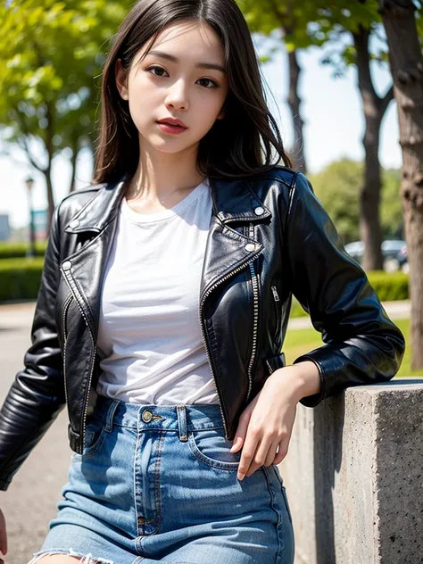 a park、 a picture、realisitic、beautuful women、leather jacket、tshirts、denim tight skirt、a detailed face、detailed lips、a detailed e...