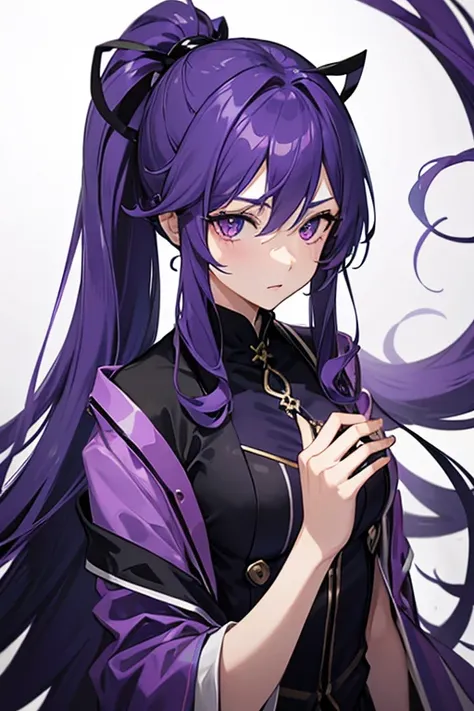 bluish purple hair, absurdly long hair, hairs between eyes, high ponytail, purple eyes, purple suit, anime colored,