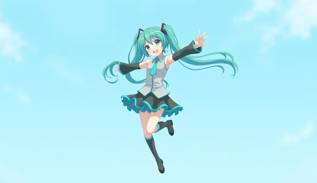 One girl, Hatsune Miku, Simple Background, Smiling face flying in the sky, With arms outstretched