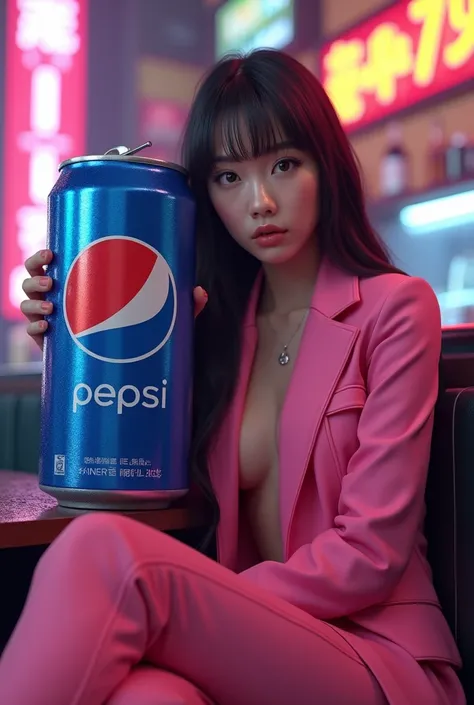 An unreal engine, a large blue and red cola can with the letters "Pepsi" on it, a pretty Asian girl 20yo, long black hair bang ( lalisa style) wear a shiny pink suit, sitting next to the can, in 3D in the style of an advertisement photo. She sat leaning ne...