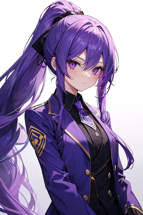 bluish purple hair, absurdly long hair, hairs between eyes, high ponytail, purple eyes, purple suit, anime colored,nsfw