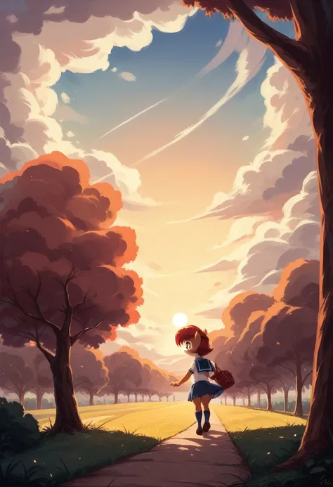 Sally Acorn, One girl, Alone, tree, null, Outdoor, skirt, cloud, brown, hair, sunset, lens, Flare, scenery, School, Uniform, sun, wind, length, sleeve, Animal Nose