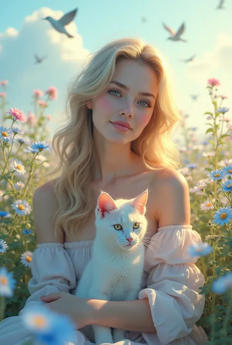  beautiful woman,   , in garden he have a cute cat cat  closers is white background in more white blue and pink color flower woman face on sunlight droped
And sky is white and blue sky fly birds 