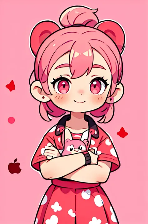 Pink Hair　ponytail　Red Eyes　Red cheeks　smile　beautiful girl　Polka dot outfit　Pink bear ears　Apple background