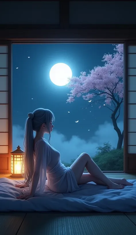 Moonlit Night、In the dazzling moonlight、Lying on the tatami mats indoors、横向きで月を眺めるWoman silhouette、No underwear、Japanese-style room、Gray Hair、Long straight hair tied behind the neck、Woman silhouette&#39;His body is visible through the transparent robe..、Tr...