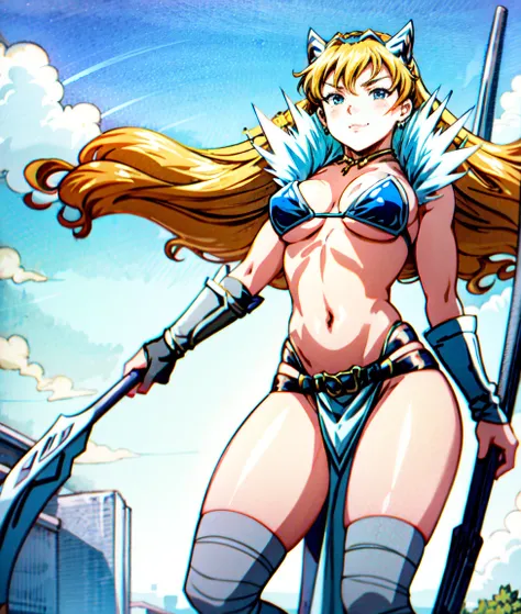 Anime screencap, masterpiece, best quality, detailed face, detailed eyes, 1girl, blonde hair, medium breasts, blue eyes, pelt, (((long loincloth))), gloves, bandages, standing, full body, looking at the viewer, turning around, outdoors, gleaming skin, oil ...