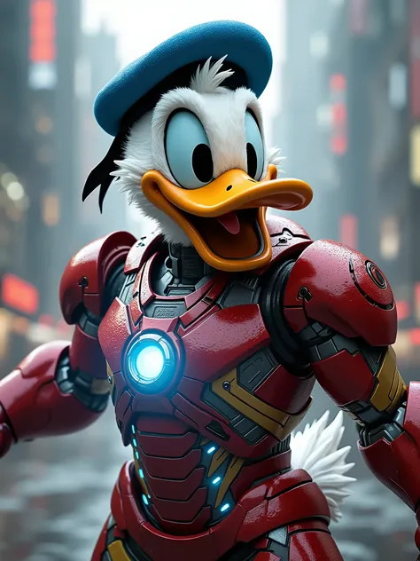 A highly detailed and dynamic illustration of **Donald Duck** wearing a customized version of **Ironman armor**. The armor retains Ironmans signature red and gold color scheme but is modified to fit Donalds iconic cartoonish features, including his round b...