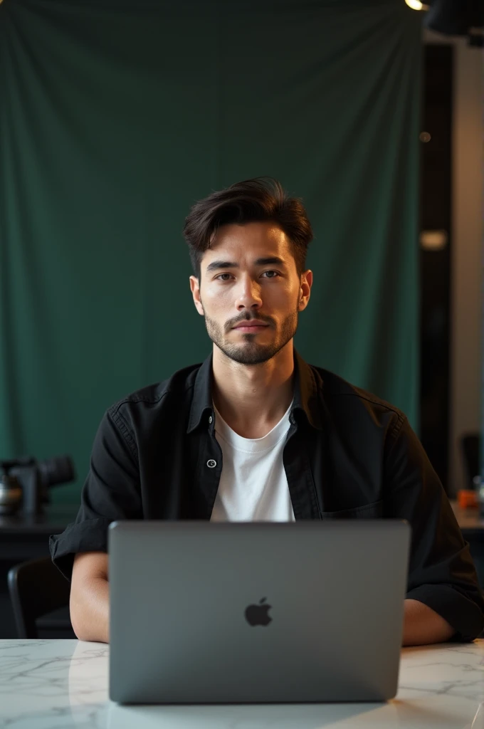 A man sitting with in table looking infront of the camera. Wearing in black shirt and out white baggy t-shirt (modern style cloth). Man about 25-2 . And in table there is mick one laptop and a professional background that like storyteller youtubers uses.