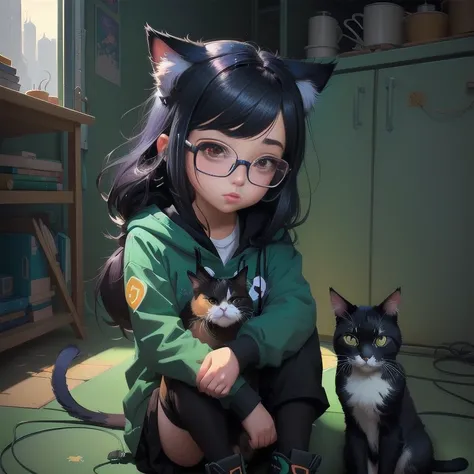 cartoon girl with glasses and a cat sitting on the ground, adorable digital painting, artwork in the style of guweiz, beeple and jeremiah ketner, [ trending on cgsociety ]!!, wlop |, cute digital art, by Andrey Esionov, cute cartoon character, childrens ar...