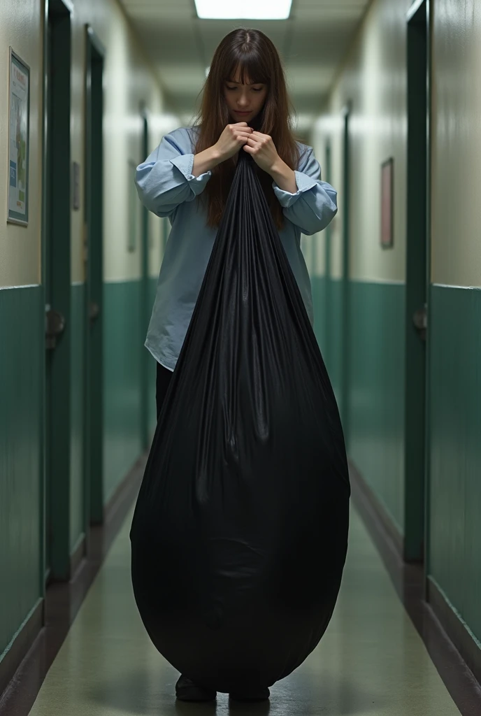 A teacher pulled a long black sack containing a 1m65 tall female student stuffed into the sack, completely covering the girls body, and slowly pulled the sack away from the hallway. The teacher held a rope to tie the mouth of the sack tightly. Inside the s...