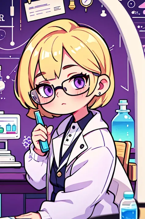 Blonde　Short Bob　Purple Eyes　bottle bottom glasses　Beauty　White　Science Room