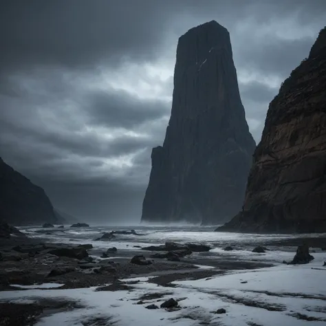 a huge ominous black monolith hovering in dark cloudy skies, cinematic dramatic landscape, ultra-detailed, 8k, photorealistic, dramatic lighting, moody atmosphere, volumetric fog, epic scale, mysterious and foreboding