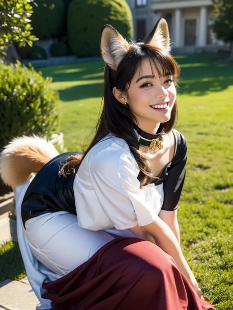 ((Best Quality, 8k)), ((masterpiece)), (Highest Resolution), Perfect Face, Woman with fox ears, Woman with a tail, Beautiful woman, She is a housekeeper, This was taken outside the castle, Only one tail, She has thick thighs, Her big fox tail, I can see he...