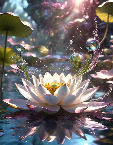 1squireel，beautiful，blingbling water，Motion blurred，many many many fractal plants，Movie-level lighting effects，lotus pose,  on the water, reflection,，Glowing Line,Glow Example，Tracking example，flash， Backlight，translucent，light particles