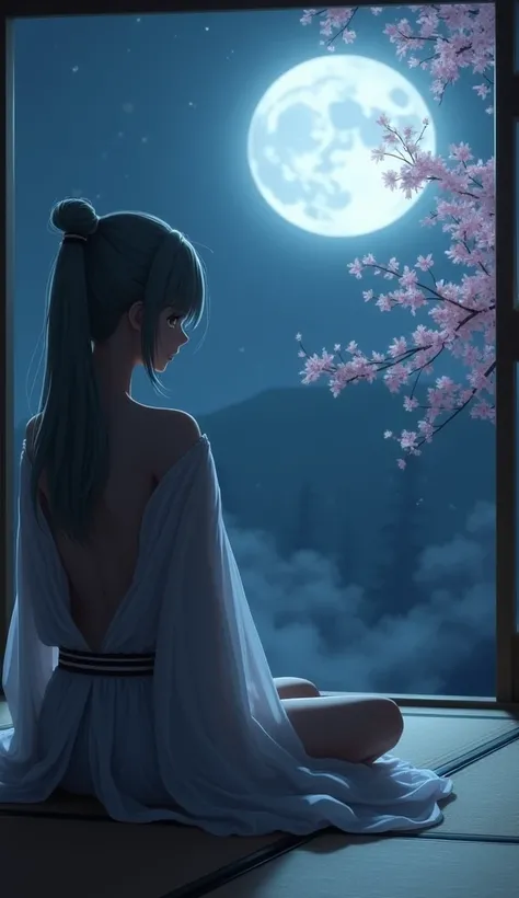 Moonlit Night、In the dazzling moonlight、Lying on the tatami mats indoors、横向きで月を眺めるWoman silhouette、No underwear、Japanese-style room、Gray Hair、Long straight hair tied behind the neck、Woman silhouette&#39;His body is visible through the transparent robe..、Tr...