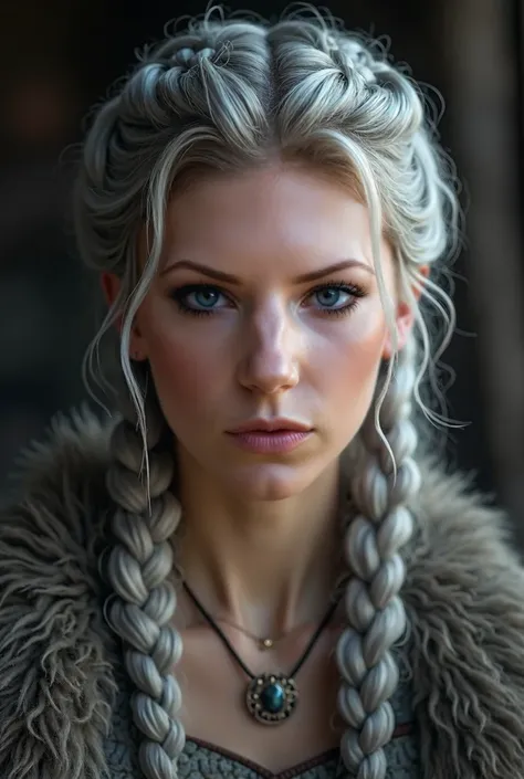 viking, close up portrait, intricate braided grey hair, stylish, stunning, beautiful, sweet smile, well-lit, highly detailed, photorealistic, 8k, professional portrait, hyper realistic, dramatic lighting, cinematic, chiaroscuro, masterpiece