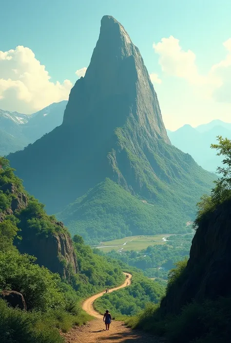 Very tall mountain with silhouette of a detailed trail in the middle in the Brazilian countryside style
