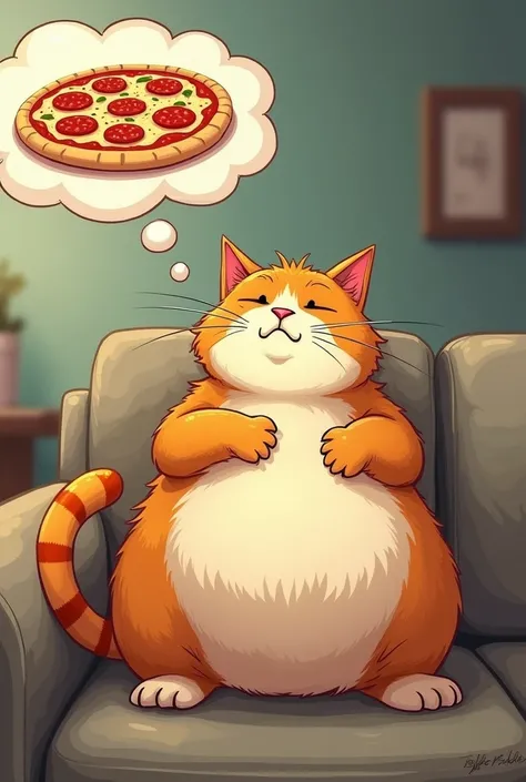 A comical and realistic illustration of a fat cat on a diet fantasizing about eating pizza