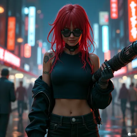 Realistic anatomy, girl with red hair with cyber mask with glasses covering her face,  with cyber implants on the neck, with cybernetic arms with large breasts pulled into a T-shirt,with a black jacket on his shoulders and in black jeans, holds a bat cover...