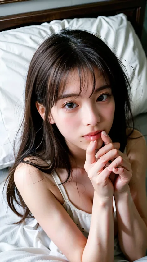 (8k、raw photos、best quality、masterpiece:1.2)、(realistic、realistic)、1 girl、swallowing penis、face close-up((on the bed,hold the pe...