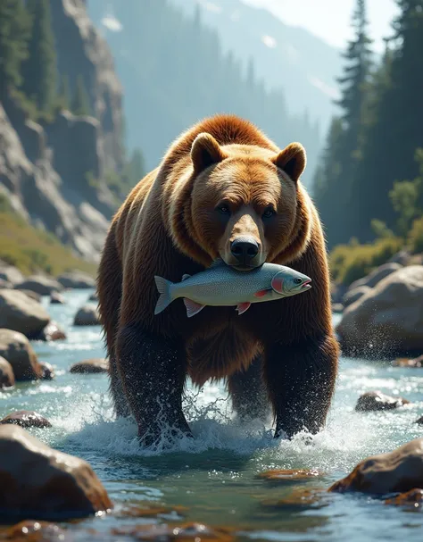 Have a big  bear in a stream with medium stones.A bear is hunting a fish in a stream.A stream is near the ravine.A bear catch the biggest fish and eating now.A bear is standing.High Resolution, Best Quality, High Details, HD, Super Detailed, realistic