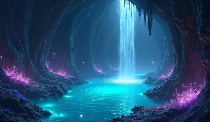 Create a detailed night scene of a glowing waterfall flowing inside a vast, mystical cave. The waterfall cascades from the cave ceiling into a glowing turquoise pool, surrounded by glowing stalactites and rocks. Moonlight streams in through a crack in the ...