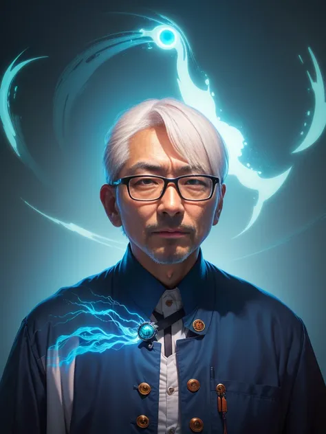 masterpiece, best quality, (extremely detailed CG unity 8k wallpaper), (best quality), (best illustration), realistic lighting, beautiful detailed glow, art by PeterMohrBacher, double eyelid, white hair, arafed man in a blue shirt and glasses standing in f...