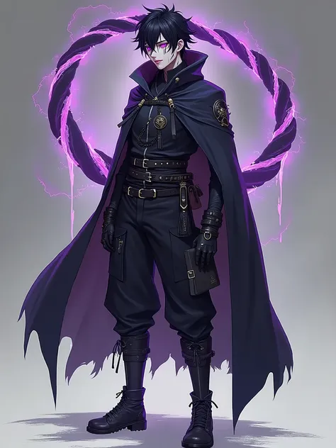 A full-body design of a **male character** in the style of **Hollow Knight**, with **black hair** that has subtle **purple highlights** and glowing **bright purple eyes**. His **fair skin** is marked with mysterious **dark lines**, adding an aura of shadow...