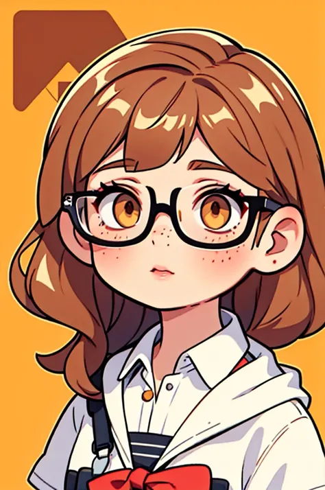 Light brown hair　Knot　Bangs　Small brown eyes　woman　Career woman　Triangle Glasses　Freckles