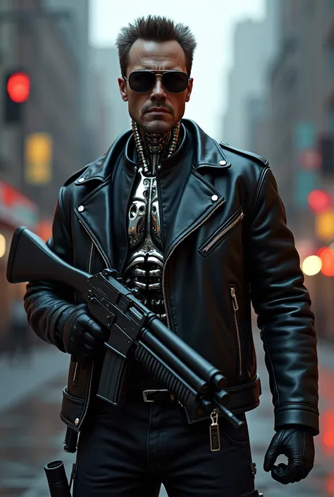 A T800 model Terminator, on the street with a double-barreled shotgun in his right hand,The Terminator is sitting in a cinematic motor.