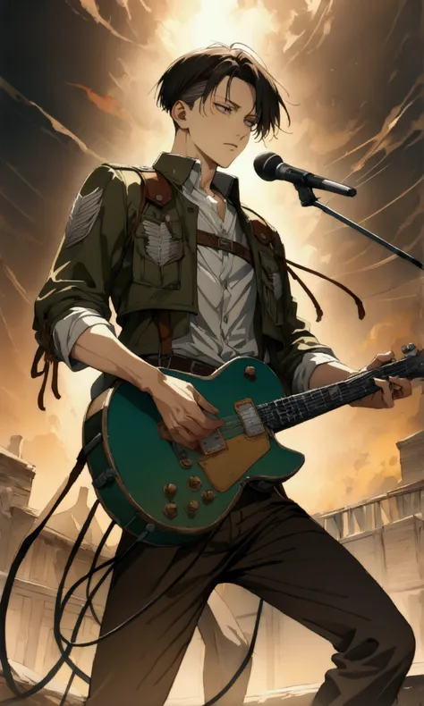 1 male,Levi Ackerman,Attack on Titan,,Intricate details,Wide range of colors,Artwork,rendering,(masterpiece:1.3),(Best Quality:1.4),(Very detailed:1.5),High resolution,Very detailed,Unity 8k ，（Playing electric guitar，Sing a song），Microphone Stand