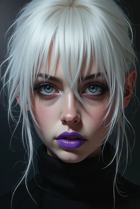 A detailed expressionist portrait of a (White-haired woman)..., beautiful detailed eyes, beautiful purple detailed lips, Extremely detailed eyes and face, painted in faded black., long eyelashes, messy white hair, dramatic lighting, intense colors, thick, ...