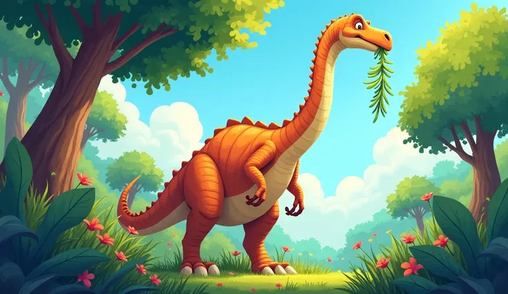 Brackyosores dinosaur so very high. Brackyosores reaching the sky. Long neck stretching to the trees. Crack your source eating leaves weaves with. Animation cartoon 