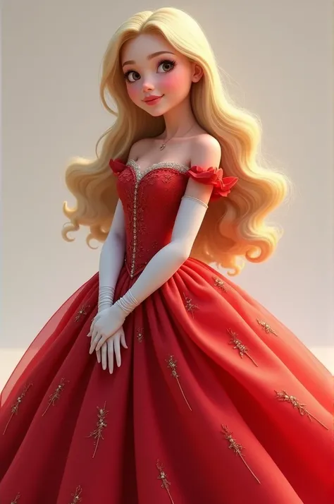 cute girl with long blonde hair, she is wearing a red ball gown with gloves 