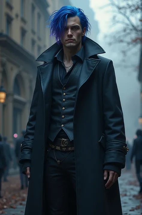 He is a tall man with blue, almost purple hair, a large coat and a vest underneath. 