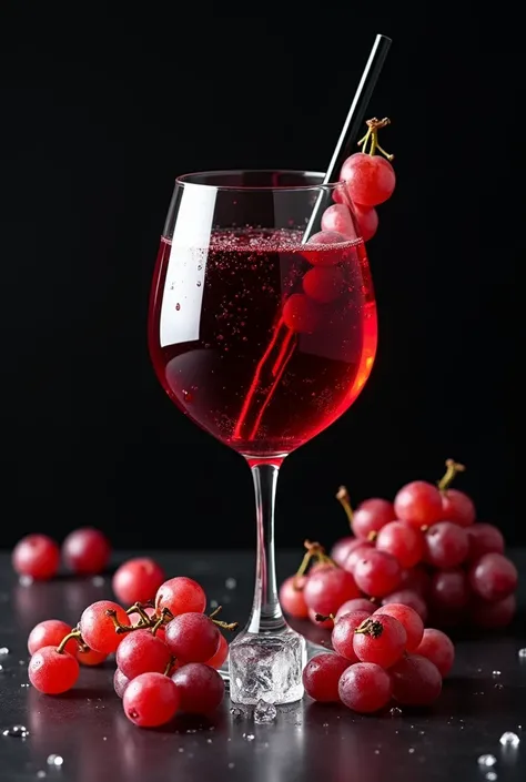 Bergaya photography,Fresh red wine glass,garnished with red grape slices,and one black straw,on black table and ice cubes,there are fresh red grapes hit by water droplets,ultra realistic,detail,photography,best quality.