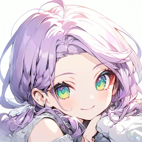 Masterpiece, ultra detailed, official art, illustration, high resolution, anime style, watercolor, a girl, smiling with her forehead resting beside her, light purple low pigtails, green eyes, white background,