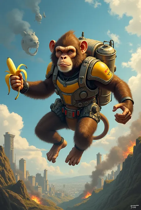  a monkey holding a banana saving the world and flying in a hero sapper outfit mixed with a pig

