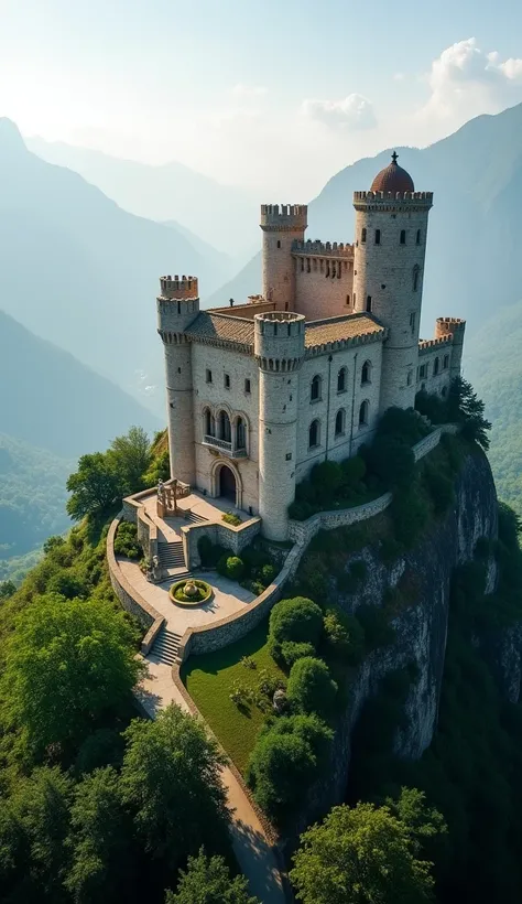 An amazing drone view of a picturesque fortress-hotel on a hilltop surrounded by fig trees with slight fog restricting view of the mountains in the background